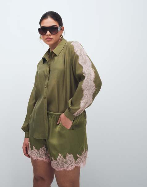 Never Fully Dressed satin lace detail button down shirt and shorts co-ord in olive - view 1