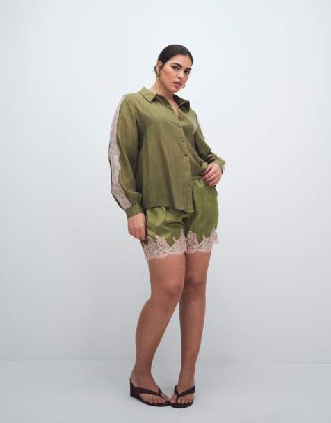 Never Fully Dressed satin lace detail button down shirt and shorts co-ord in olive - view 1