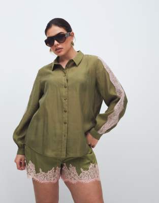 Never Fully Dressed Satin Lace Detail Button Down Shirt Co-ord In Green
