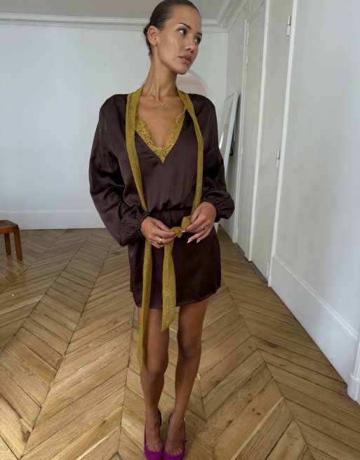 Never Fully Dressed satin lace detail mini dress in chocolate, 2 of 4