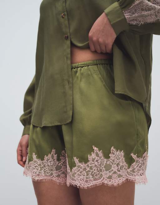 Never Fully Dressed satin lace hem detail shorts co-ord in olive, 4 of 10