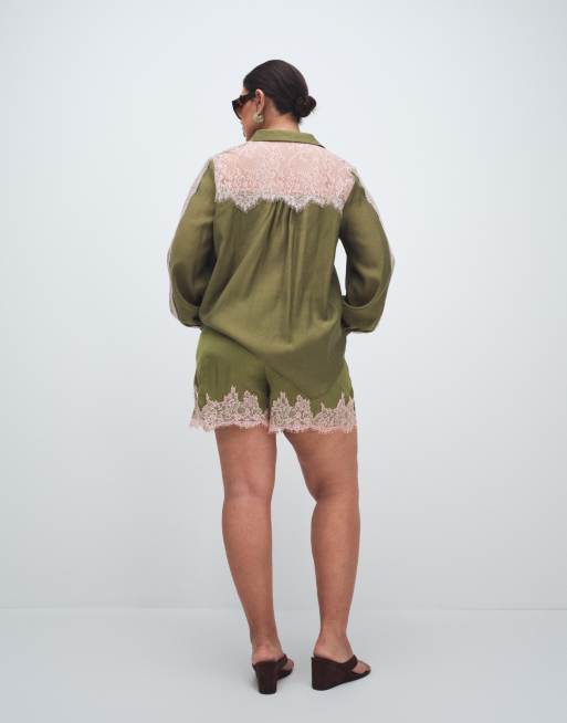 Never Fully Dressed satin lace hem detail shorts co-ord in olive, 5 of 10
