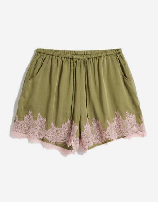 Never Fully Dressed satin lace hem detail shorts co-ord in olive, 6 of 10