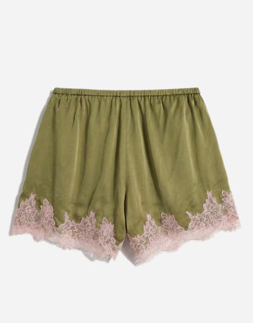 Never Fully Dressed satin lace hem detail shorts co-ord in olive, 7 of 10