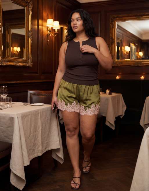 Never Fully Dressed satin lace hem detail shorts co-ord in olive, 9 of 10