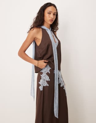 Never Fully Dressed satin lace trim scarf neck top co-ord in chocolate