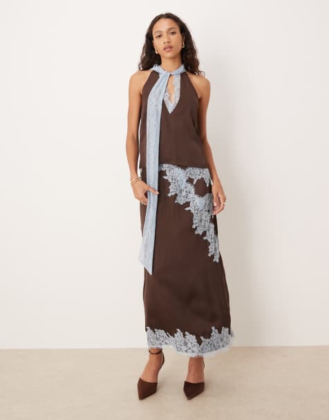 Never Fully Dressed satin lace trim top and skirt co-ord in chocolate and blue - view 1