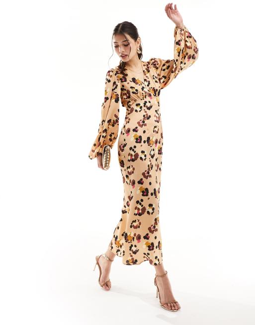 Never Fully Dressed satin long sleeve animal wrap midaxi dress | ASOS