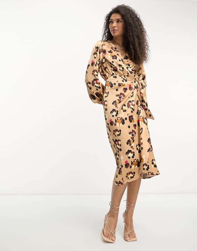 Never Fully Dressed satin long sleeve animal wrap midaxi dress