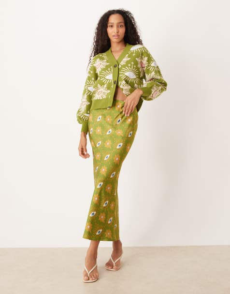 Never Fully Dressed satin maxi skirt co-ord in green eye print