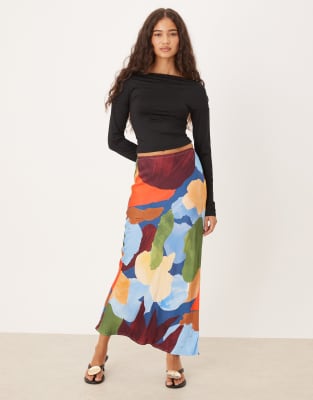 Never Fully Dressed satin maxi skirt in blue abstract print-Multi