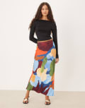[Never Fully Dressed] Never Fully Dressed satin maxi skirt in blue abstract print-Multi 14 Navy mix