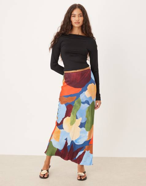 Never Fully Dressed satin maxi skirt in blue abstract print