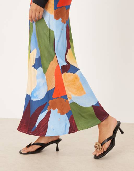 Never Fully Dressed satin maxi skirt in blue abstract print, 2 of 5