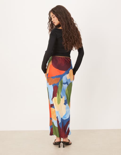 Never Fully Dressed satin maxi skirt in blue abstract print, 3 of 5