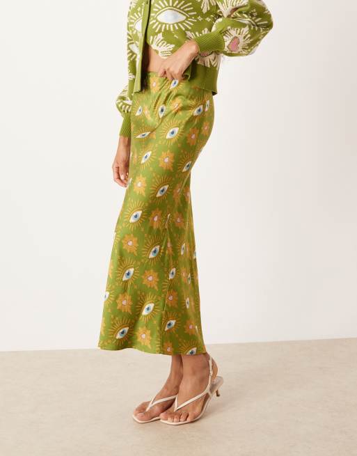 Never Fully Dressed satin maxi skirt in green eye print - part of a set |  ASOS