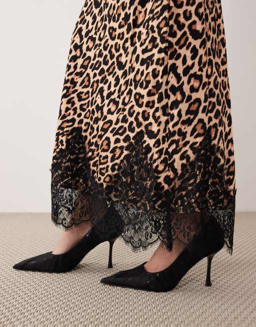 Never Fully Dressed satin maxi skirt with lace trim hem in leopard print, 5 of 5