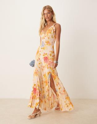 satin maxi slip dress in floral print-pink