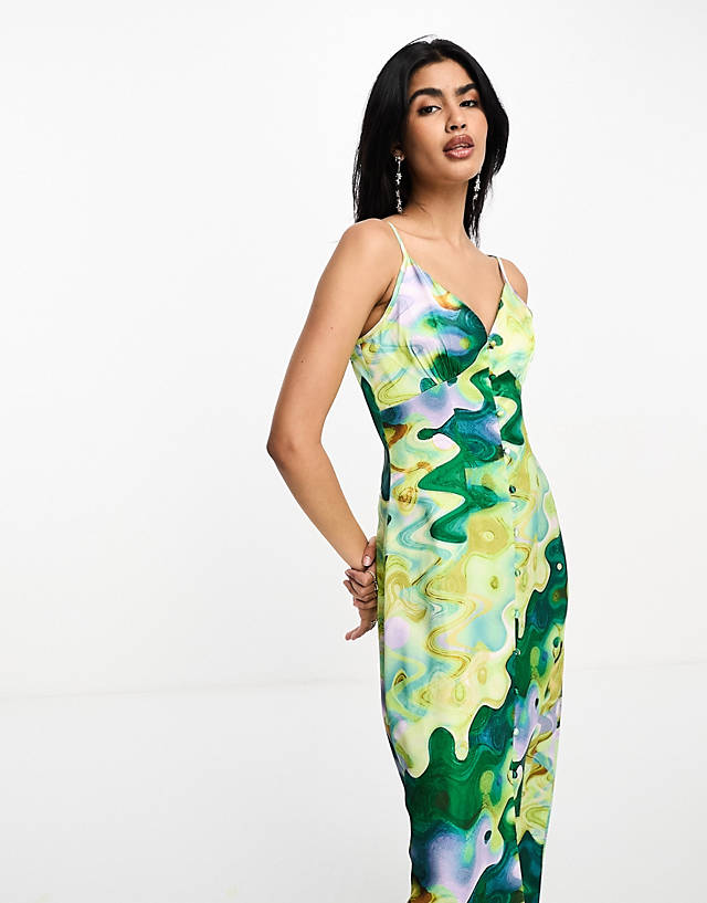 Never Fully Dressed - satin midaxi dress in green marble print