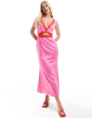 Never Fully Dressed - Satin-Midaxikleid in Rosa mit kontrastierender Spitze in Rot