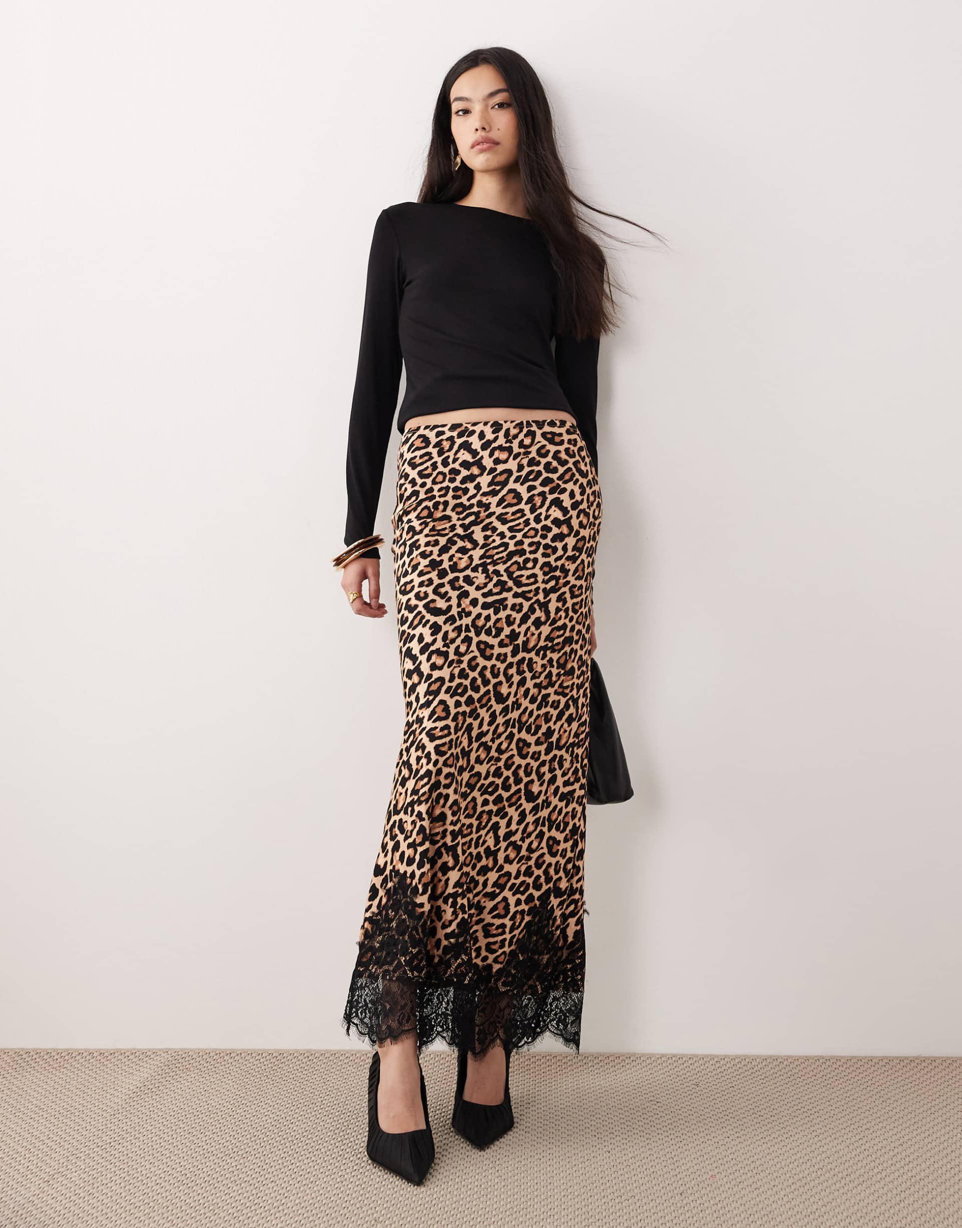 never fully dressed satin midi skirt with lace trim hem in leopard print