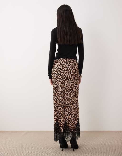 Never Fully Dressed satin midi skirt with lace trim hem in leopard print, 2 of 5