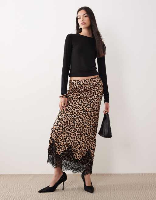 Never Fully Dressed satin midi skirt with lace trim hem in leopard print, 4 of 5