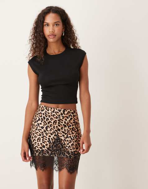 Never Fully Dressed satin mini skirt with lace trim hem in leopard print - view 1
