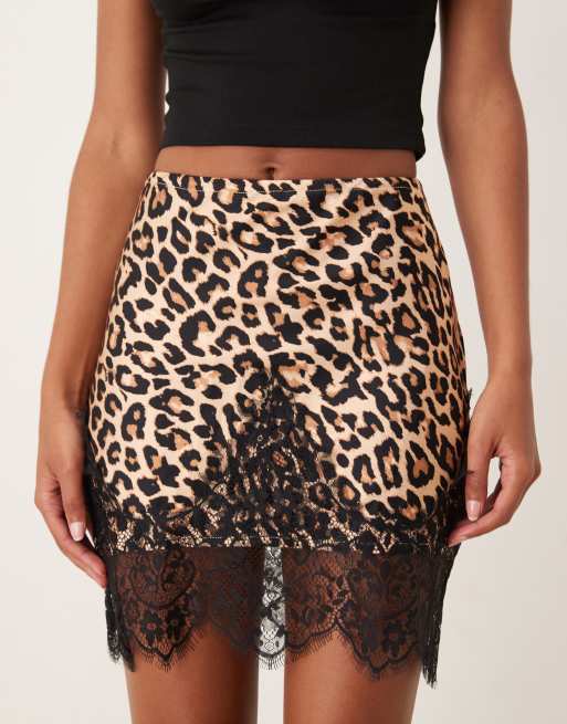 Never Fully Dressed satin mini skirt with lace trim hem in leopard print