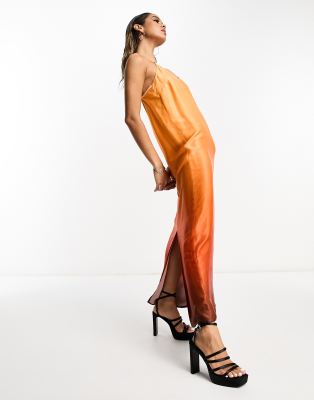 satin ombre maxi dress in orange