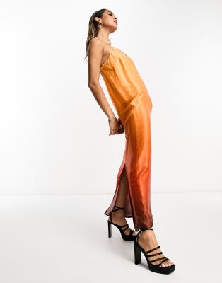 Never Fully Dressed Satin Ombre Maxi Dress In Orange