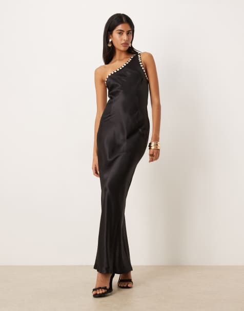 Never Fully Dressed satin one shoulder faux-pearl button detailing maxi dress in black - view 1