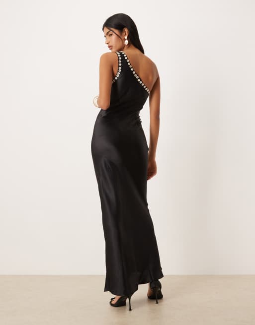 Never Fully Dressed satin one shoulder pearl button detail maxi dress in black, 4 of 4
