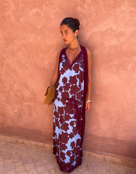 Never Fully Dressed satin plunge lace detail top in poppy print (part of a set) - view 1