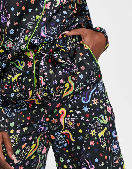 Never Fully Dressed satin pyjama set in western brights print