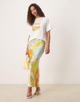 satin slip maxi skirt in orange print - part of a set-Multi