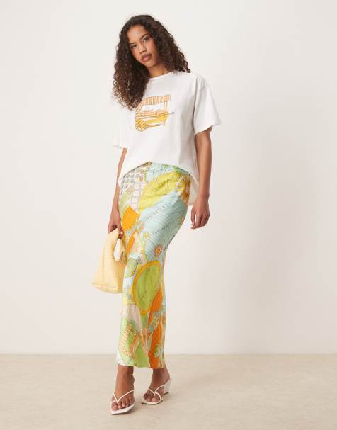 Never Fully Dressed satin slip maxi skirt in orange print (part of a set) - view 1