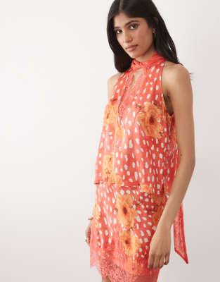 Never Fully Dressed Satin V-neck Scarf Detail Top In Red