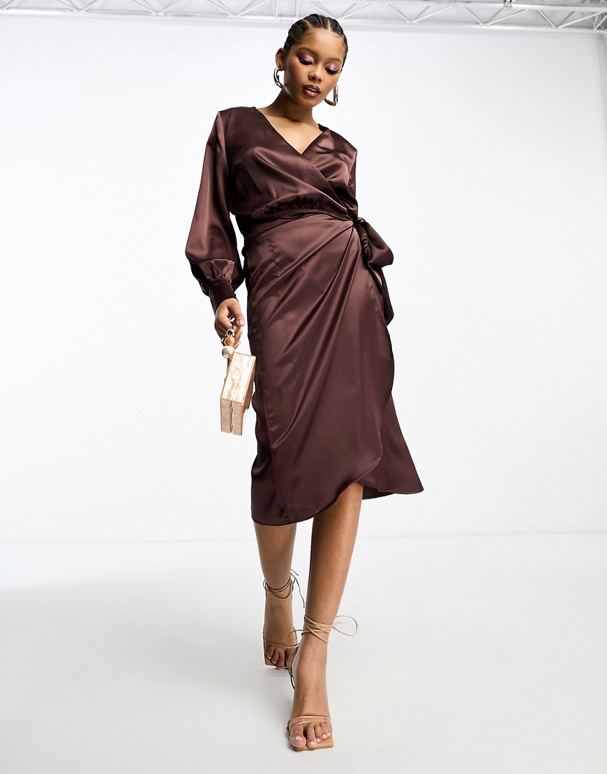 Never Fully Dressed Satin Wrap Midaxi Dress In Chocolate Brown
