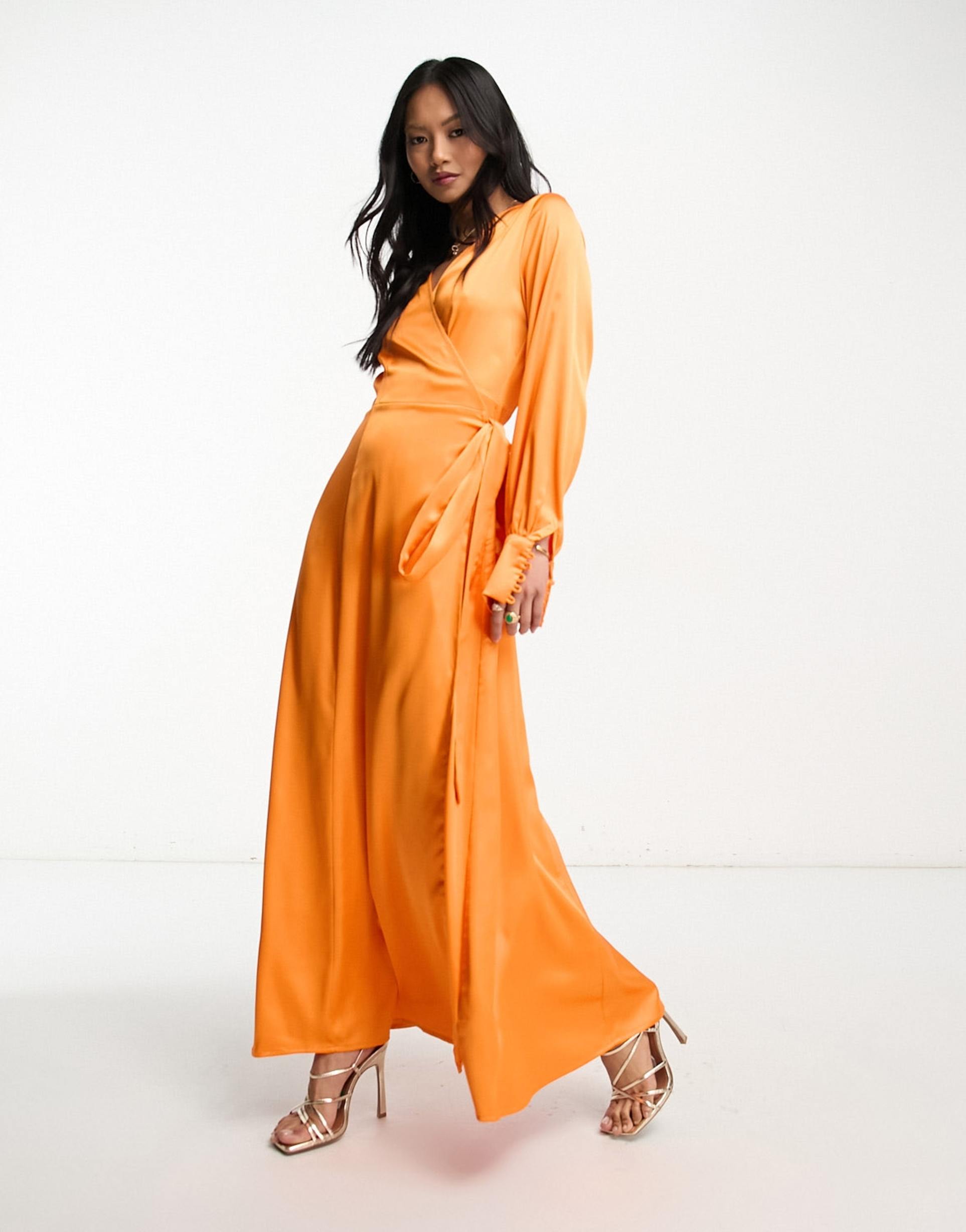 never fully dressed satin wrap midaxi dress in vibrant orange