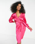 [Never Fully Dressed] Never Fully Dressed satin wrap midi dress in fuchsia pink 1O Fuchsia Pink