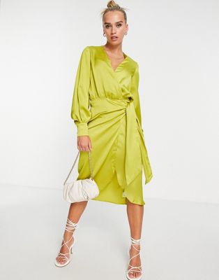 Never Fully Dressed satin wrap midi dress in olive green