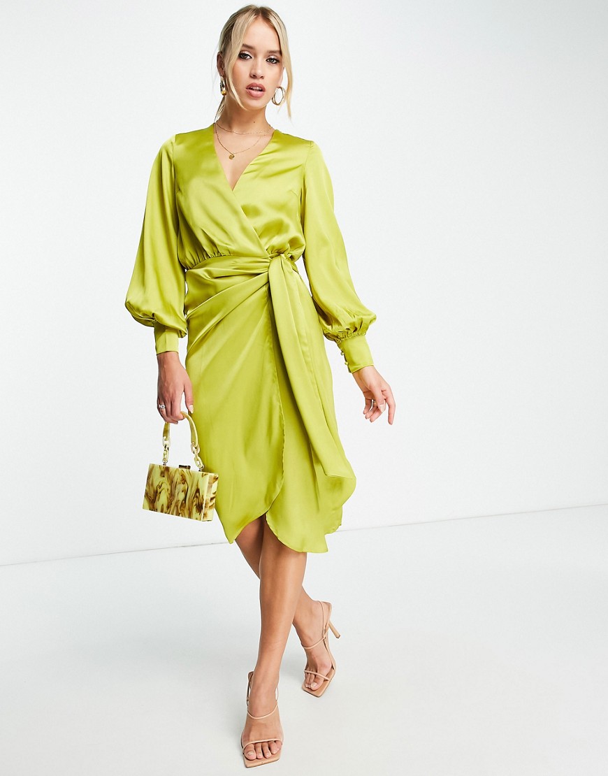 satin wrap midi dress in olive green