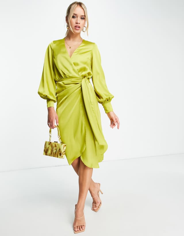 Never Fully Dressed satin wrap midi dress in olive green