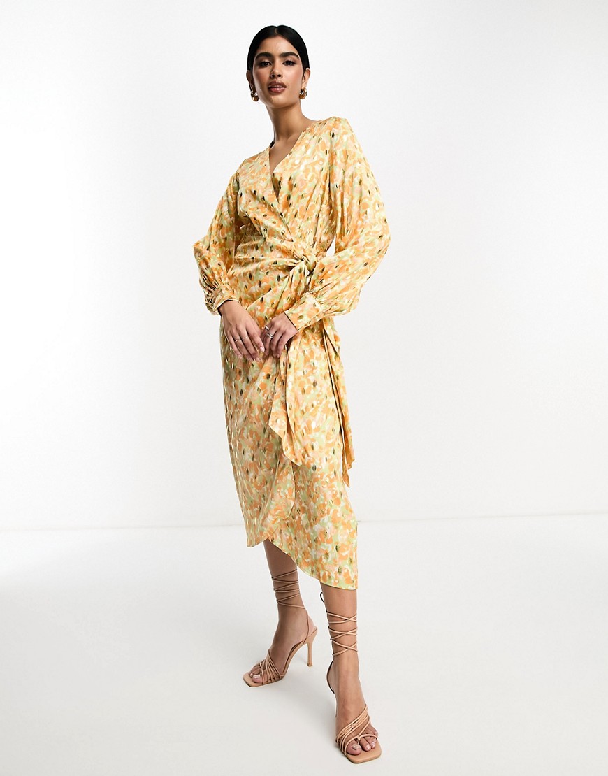 Never Fully Dressed satin wrap midi dress in pastel gold mix-Multi