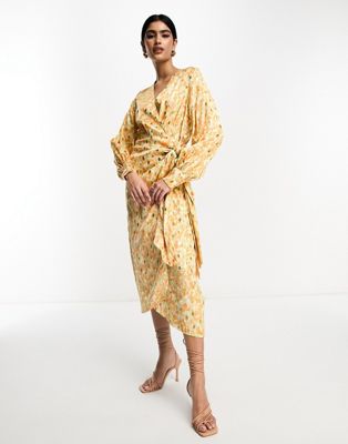 Never Fully Dressed satin wrap midi dress in pastel gold mix