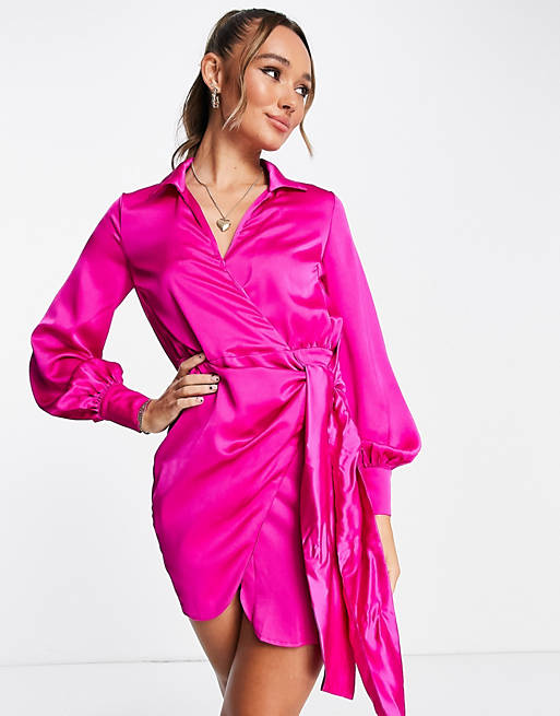 Never Fully Dressed satin wrap mini dress in fuchsia pink | ASOS