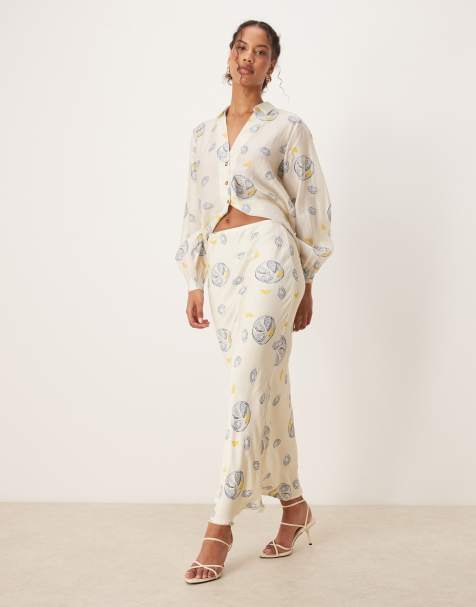 Never Fully Dressed satin slip maxi skirt co-ord in oyster lemon print