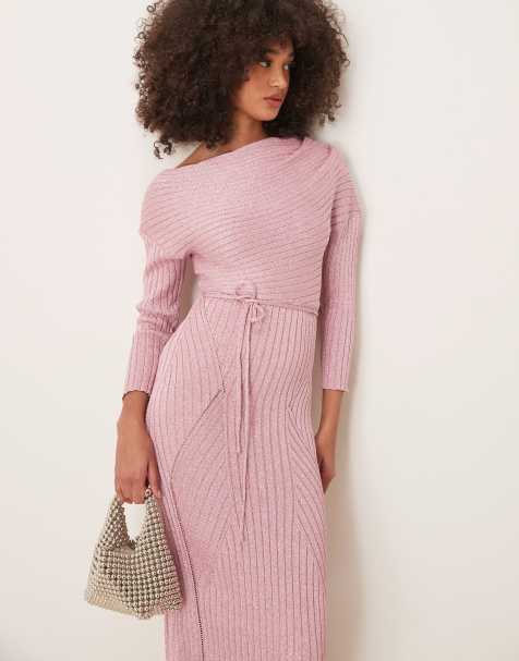 Never Fully Dressed – Schulterfreies Maxi-Strickkleid in Babyrosa - view 1