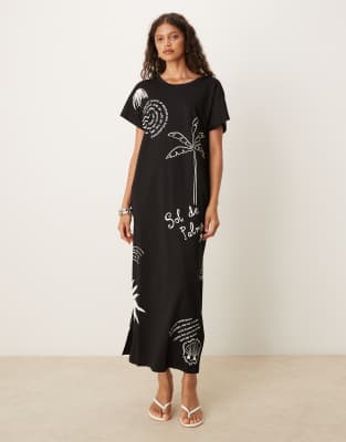 Never Fully Dressed – Schulterfreies Midaxi-Kleid aus Jersey in Schwarz mit „Palma“-Print - view 1